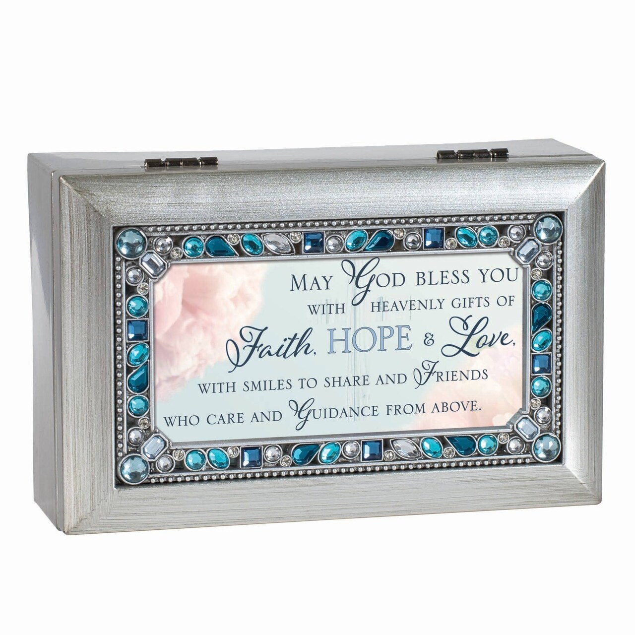 Edge Collection - 6" x 4" - Silver - Jeweled Music Box with Inspirational Photo Frame - 1 Piece